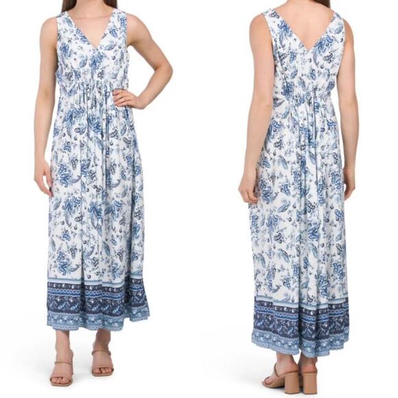 Robe D'été Femme Dex Taille L - Sans Manches Motif Jaune Bleu Blanc Paisley - Occasion